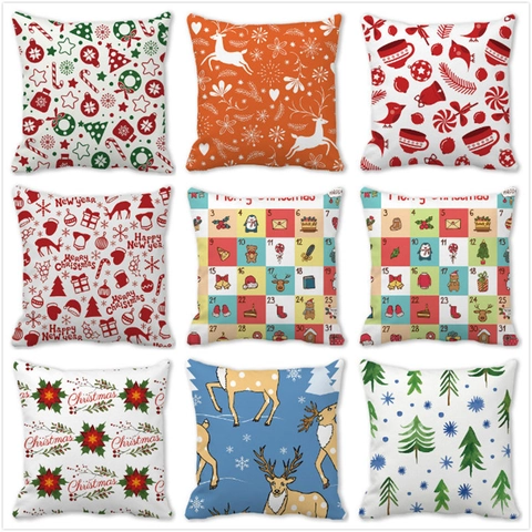 Housse de Coussin en Peau de Pêche de Noël Décorative Taie d'Oreiller Imprimé Renne Flocon de Neige Père Noël Déco Maison