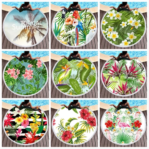 Round Beach Towel Microfiber Tassel Tropical Floral Leaves Flamingo Print Absorbent Quick Dry Travel Vacation Accessories