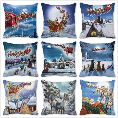 Christmas Reindeer Santa Claus Printed Pillowcase Peach Skin Fabric Decorative Cushion Cover Festive Home Holiday Party Ornament