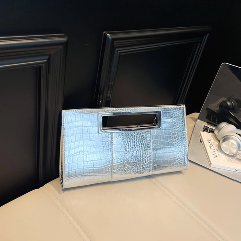 Damen Krokodil-Muster Clutch Tasche Rechteckiger Metallgriff PU Leder Minimalistische Elegante Abendtasche Für Bankett Alltag Party