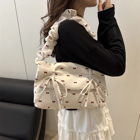 Women Underarm Bag Nylon Fabric Bowtie Print Ruched Handle Sweet Japanese Style Shoulder Handbag Summer Casual