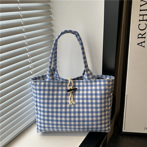 Borsa Tote in Tela a Quadri Stile Coreano per Donna Grande Capacità Borsa a Tracolla Gingham Con Bottone in Corno Quotidiana
