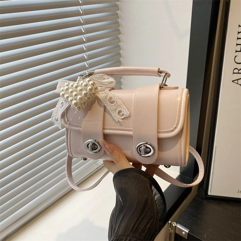 Korean Style Sweet Women PU Leather Crossbody Bag Small Square Top Handle Handbag With Pearl Heart Lace Bow Pendant Solid Color Fashion Daily Satchel Bag