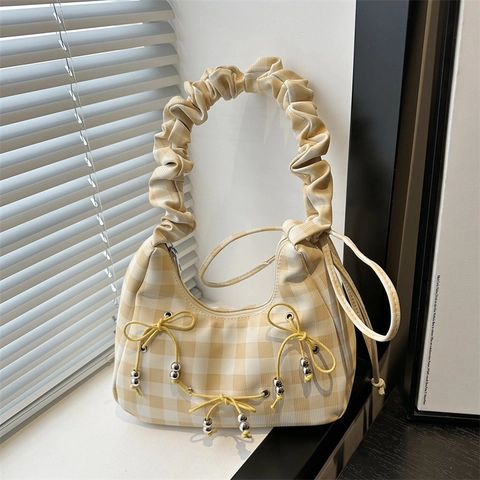 Gingham Karo Schultertasche Mit Gerüschtem Riemen Und Schleifen Metallperlen Achseltasche Lässige Hobo Bag Für Damen