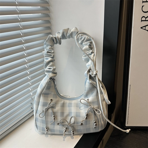 Gingham Karo Schultertasche Mit Gerüschtem Riemen Und Schleifen Metallperlen Achseltasche Lässige Hobo Bag Für Damen