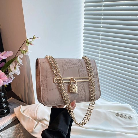 Women Fashion Alligator Pattern PU Leather Shoulder Bag Gold Chain Strap Heart Padlock Crossbody Bag Elegant Handbag