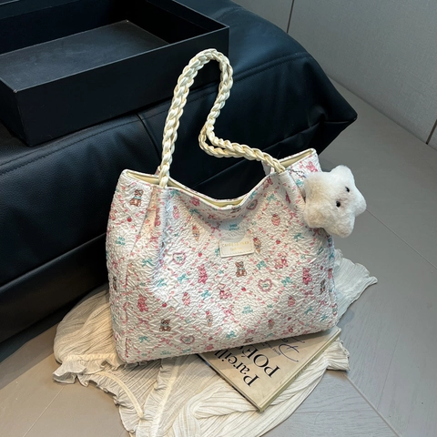 Women Oxford Cloth Tote Bag Cartoon Bear Floral Print Large Capacity Shoulder Bag With Braided Handle Sweet Daily Commute Bag