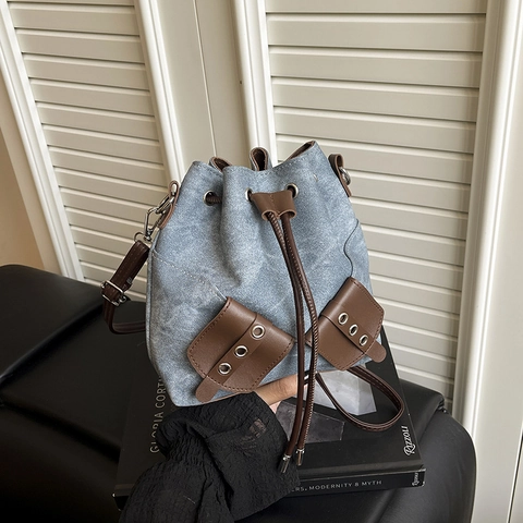 Vintage Segeltuch PU Patchwork Beuteltasche Für Damen Kordelzug Umhängetasche Retro Street Style Schultertasche Messenger Bag