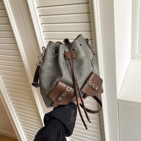 Vintage Segeltuch PU Patchwork Beuteltasche Für Damen Kordelzug Umhängetasche Retro Street Style Schultertasche Messenger Bag