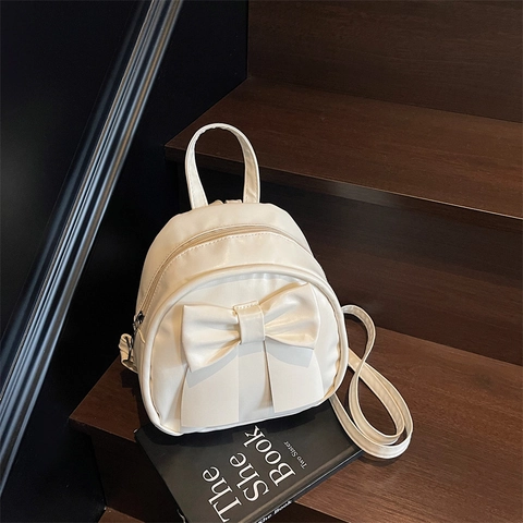 Women Mini Backpack PU Leather Large Bow Decoration Casual Travel Korean Style Fashion Lightweight Cream White