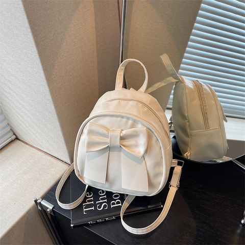 Women Mini Backpack PU Leather Large Bow Decoration Casual Travel Korean Style Fashion Lightweight Cream White