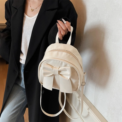 Mini Zaino Con Fiocco Elegante Pelle PU Multifunzionale Versatile Piccola Borsa A Tracolla Borsa A Mano Per Donna Crema