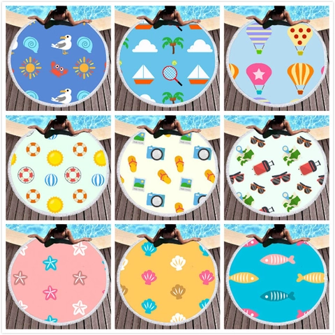 Round Microfiber Beach Towel With Tassel Fringe Cartoon Printed Quick Dry Summer Vacation Bath Towel Picnic Blanket Yoga Mat