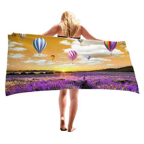 Microfiber Beach Towel Quick Dry Absorbent Lavender Landscape Digital Print Bath Towel For Swimming Travel Holiday