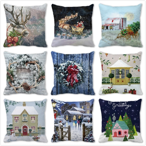 Moderno Fodera per Cuscino in Poliestere Pelle di Pesca Natalizio Renna Babbo Natale Stampa Quadrata Copricuscino Decorativo Casa