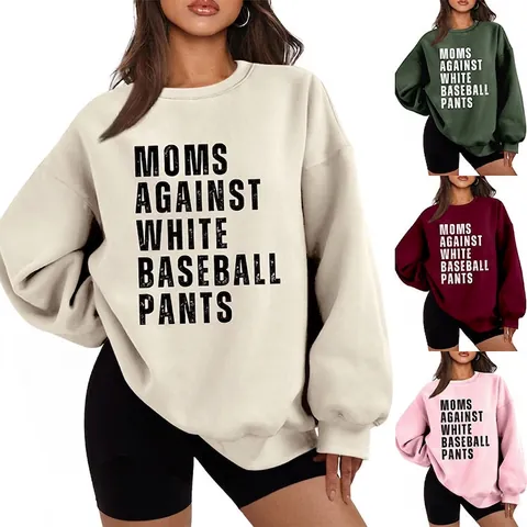 Felpa Donna Misto Cotone Pile Girocollo Oversize Maniche Lunghe Stampa Slogan Moms Against White Baseball Pants