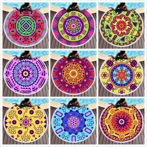 Round Microfiber Beach Towel Mandala Bohemian Geometric Print With Tassels Quick Dry Absorbent Bath Towel For Swimming Travel Vacation