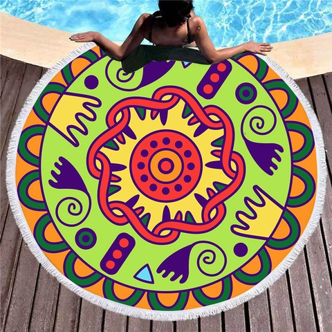Round Microfiber Beach Towel Mandala Bohemian Geometric Print With Tassels Quick Dry Absorbent Bath Towel For Swimming Travel Vacation
