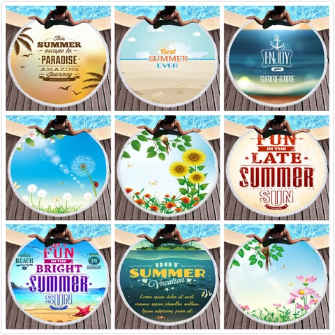 Microfiber Round Beach Towel With Tassels Summer Floral Palm Print Fast Drying Absorbent Picnic Blanket For Travel