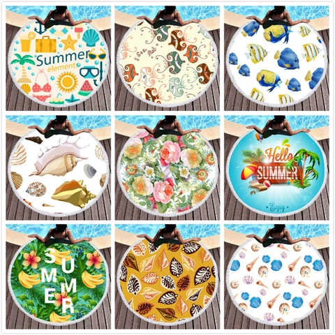 Round Microfiber Beach Towel With White Tassel Fringe Tropical Fruit Palm Leaf Thick Absorbent Bath Towel For Pool Picnic