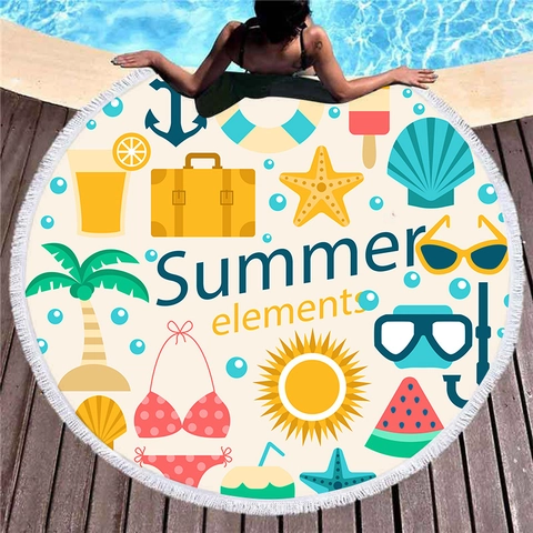 Round Microfiber Beach Towel With White Tassel Fringe Tropical Fruit Palm Leaf Thick Absorbent Bath Towel For Pool Picnic