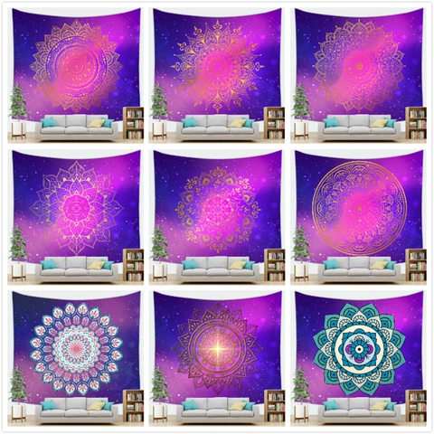 Tapisserie Mandala Bohème Ciel Étoilé Galaxie Violet Rose Tissu Polyester Suspendu au Mur pour Salon Chambre Décoration Murale