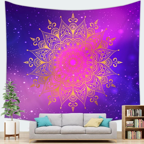 Tapisserie Mandala Bohème Ciel Étoilé Galaxie Violet Rose Tissu Polyester Suspendu au Mur pour Salon Chambre Décoration Murale