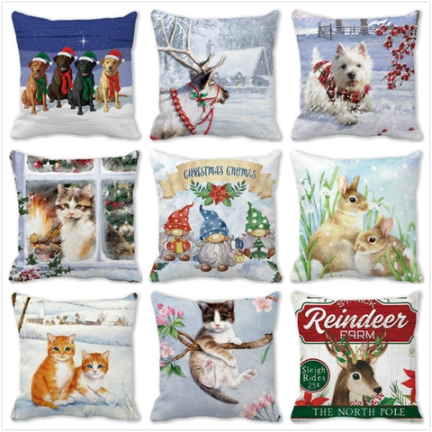 Natale Simpatico Gatto Stampa Pelle di Pesca Federa Decorativa Quadrata Copricuscino per Divano Soggiorno Decorazione Domestica