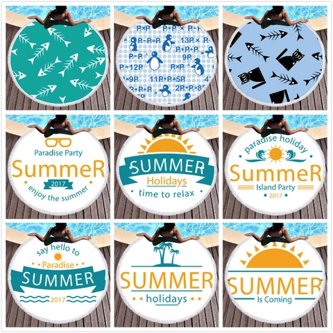 Round Microfiber Beach Towel With White Tassel Fringe Summer Holiday Printed Quick Dry Bath Towel For Swimming Picnic