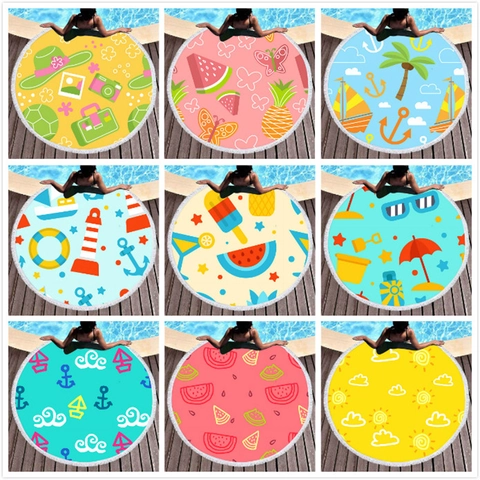 Asciugamano da Spiaggia Rotondo in Microfibra Con Frange Motivo Frutta Estiva Tropicale Floreale Nautico Assorbente Asciugatura Rapida Coperta da Picnic