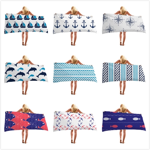 Nautical Microfiber Beach Towel Quick Dry Absorbent Large Bath Towel Ocean Pattern Sailboat Anchor Dolphin Sea Theme Vacation Swimming Towel