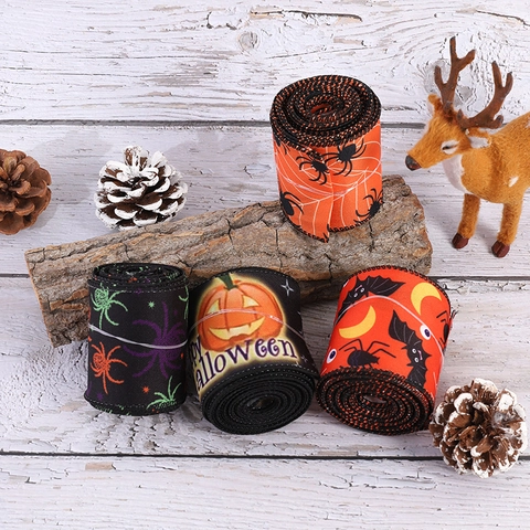 Halloween Decorative Ribbon Spider Web Pumpkin Bat Print Linen Look Fabric Ribbon For Party Gift Wrapping DIY Crafts