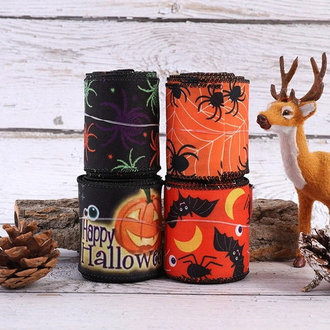 Halloween Decorative Ribbon Spider Web Pumpkin Bat Print Linen Look Fabric Ribbon For Party Gift Wrapping DIY Crafts