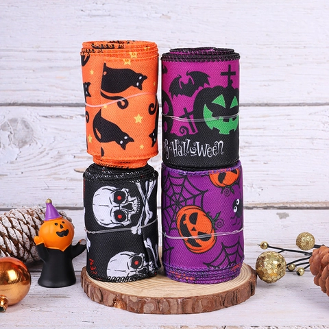 Halloween Pumpkin Skeleton Bat Black Cat Printed Ribbons For Party Decoration DIY Gift Wrapping Supplies Polyester Fabric