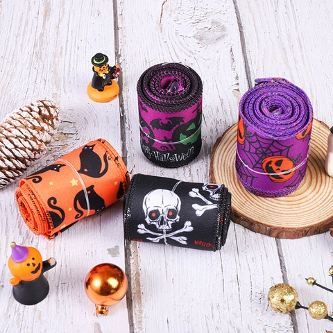 Halloween Pumpkin Skeleton Bat Black Cat Printed Ribbons For Party Decoration DIY Gift Wrapping Supplies Polyester Fabric