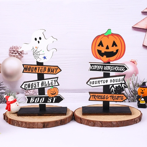 Halloween Holz Richtungsschild Tischdekoration Geist Kürbis Spukhaus Dekor Festliches Desktop Display