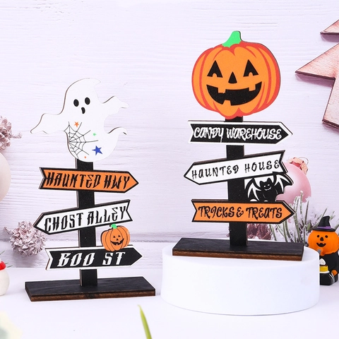 Halloween Holz Richtungsschild Schreibtisch Ornament Kürbis Geist Straßenkarte Deko Spukhaus Requisiten Partyzubehör