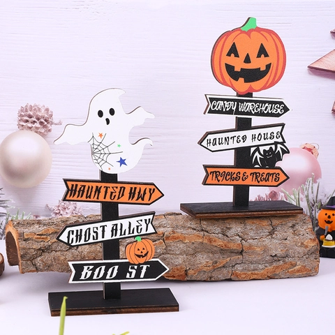 Halloween Holz Richtungsschild Tischdekoration Geist Kürbis Spukhaus Dekor Festliches Desktop Display