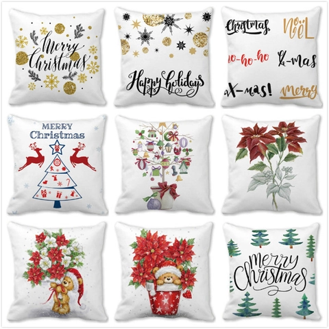 Christmas Theme Square Pillowcase White Polyester Peach Skin Cushion Cover Santa Reindeer Pattern For Home Sofa Decor