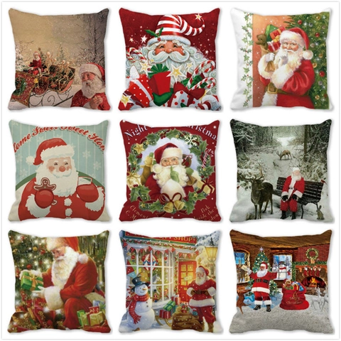 Christmas Santa Claus Reindeer Snowman Pattern Peach Skin Pillowcase Square Decorative Throw Pillow Cover For Home Sofa