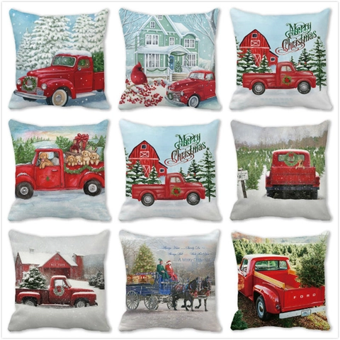 Weihnachts Kissenbezug Pfirsichhaut Samt Winter Truck Schneeszene Farmhouse Kissenhülle Für Feiertags Sofa Deko