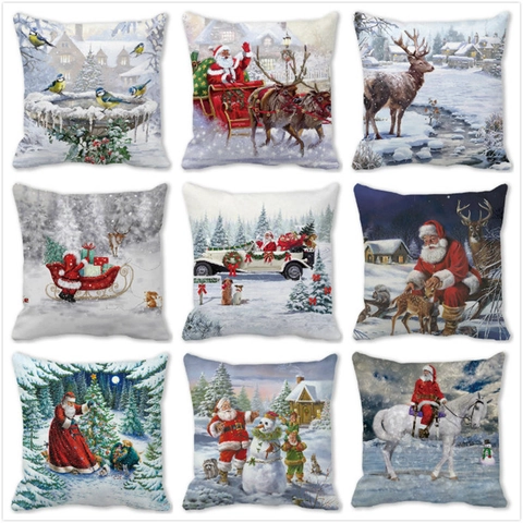 Christmas Cushion Cover Peach Skin Polyester Santa Claus Snowman Oil Painting Style Winter Scene Holiday Home Decor