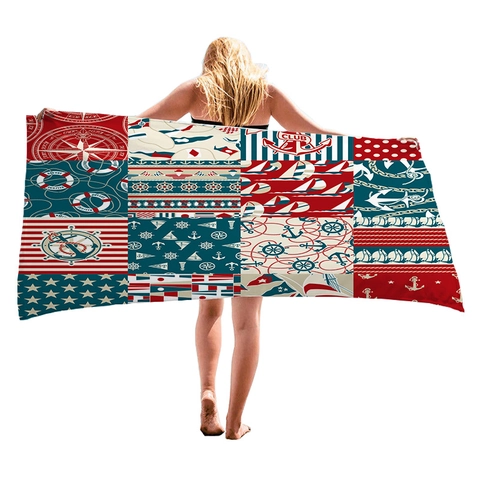 Microfiber Beach Towel Quick Dry Absorbent Nautical Anchor Printed Bath Towel Summer Vacation Pool Travel