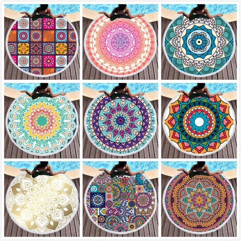 Round Beach Towel Microfiber Mandala Print With Tassels Bohemian Quick Dry Blanket For Swimming Vacation Travel