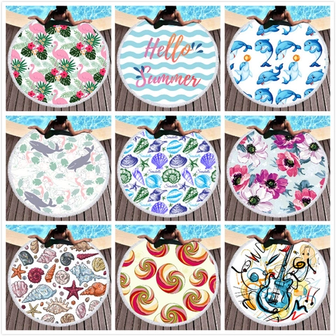 Round Beach Towel Microfiber Quick Dry Absorbent Tassel Fringe Sea Beach Swimming Pool Picnic Travel Tropical Print