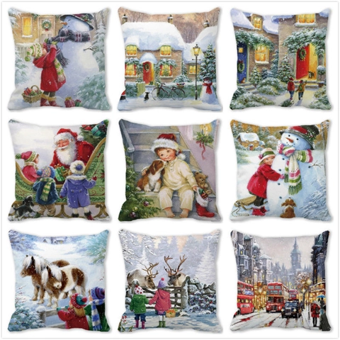 Funda de Almohada Decorativa de Piel de Melocotón de Navidad Cuadrada Invierno Muñeco de Nieve Papá Noel Reno Pintura al Óleo Decoración