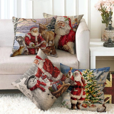 Federa Di Natale Fodera Per Cuscino In Lino Vintage Babbo Natale Pupazzo Di Neve Renna Decorazioni Casa Vacanza