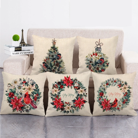 Housse de Coussin en Lin Noël Vintage Motif Cardinal et Couronne Florale Taie d'Oreiller Décorative pour Canapé Salon Décoration