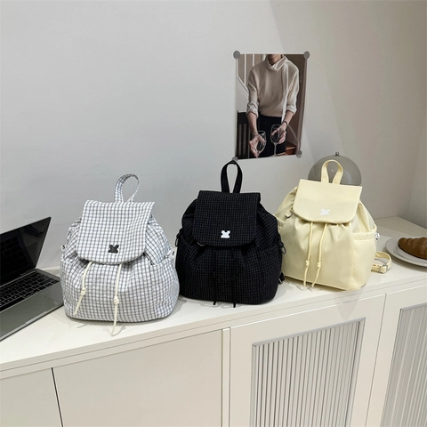 Zaino Giapponese con Coulisse e Patta da Donna in Nylon Resistente Motivo a Quadri Grande Capacità Borsa da Scuola Casual
