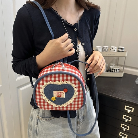 Mini Sac à Dos Vichy Mignon pour Filles Toile Denim Cœur Dentelle Sac d'École Style Japonais Frais Cerise Douce Sac de Voyage à la Mode